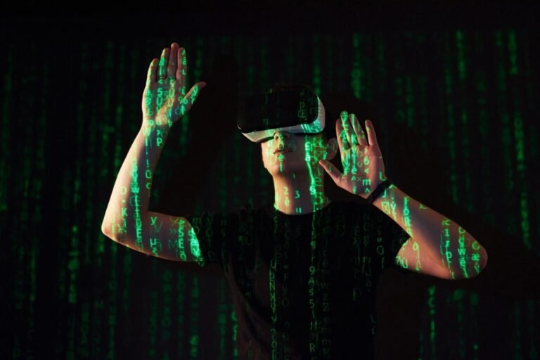 double exposure caucasian man virtual reality vr headset is presumably gamer hacker cracking code into secure network server with lines code green 146671 18907