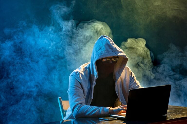 hooded computer hacker stealing information with laptop 155003 9010